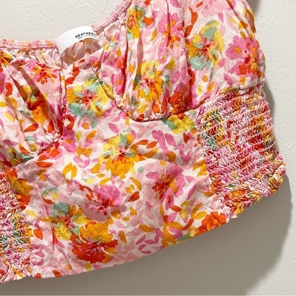 HEATHERLY Women’s Floral Cap Sleeve Crop Top Orange Pink Smocked Back Stretch MP - Picture 4 of 5